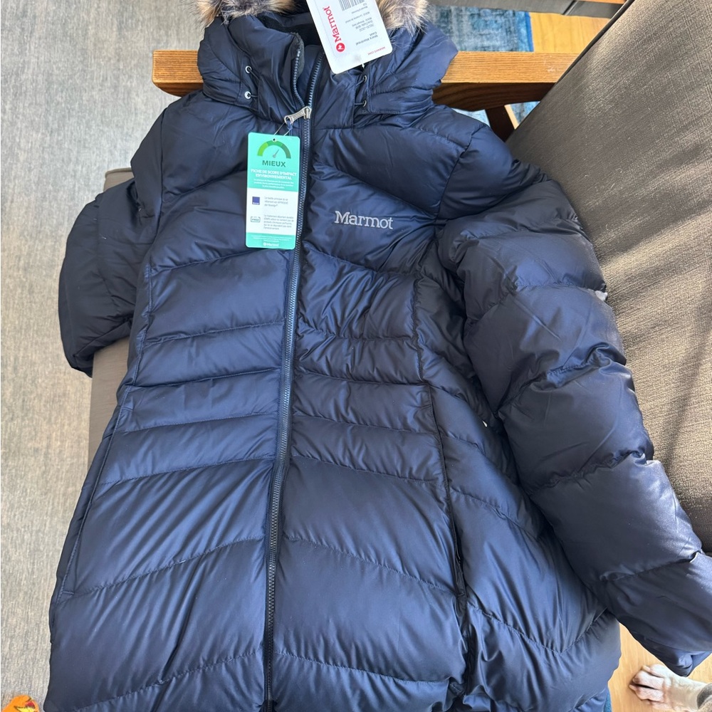 Marmot Navy Puffer Jacket with Fur Hood